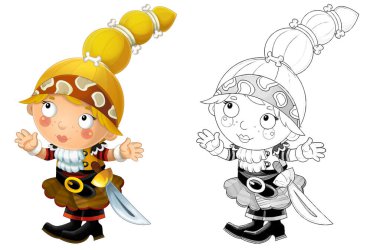 Beyaz arka planda güzel bir korsan kızın olduğu karikatür sahnesi - çocuklar için çizim