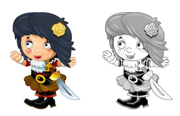 cartoon sketch scene with beautiful pirate girl on white background - illustration for children