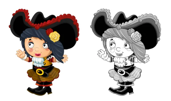 Cartoon Sketch Scene Beautiful Pirate Girl White Background Illustration Children — Stock Photo, Image