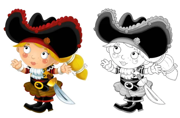 Dibujo Animado Escena Con Hermosa Chica Pirata Sobre Fondo Blanco — Foto de Stock
