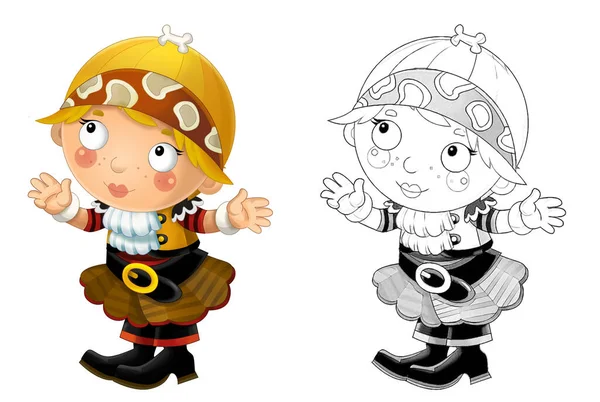 Cartoon Sketch Scene Beautiful Pirate Girl White Background Illustration Children — Stock Photo, Image