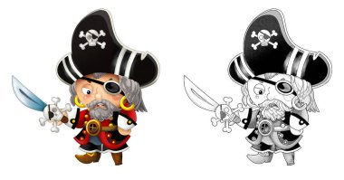 Beyaz arka planda korsan yüzbaşının olduğu karikatür sahnesi - çocuklar için çizimler