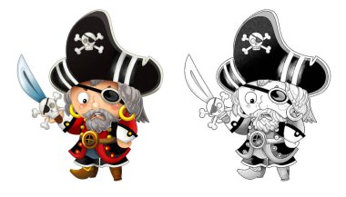 Beyaz arka planda korsan yüzbaşının olduğu karikatür sahnesi - çocuklar için çizimler