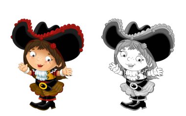 Mutlu gülümseyen karikatür çizimi Ortaçağ korsan kadını gülümseyen ve beyaz arka plana bakan - çocuklar için illüstrasyon