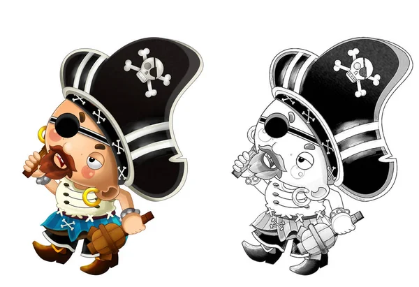 Cartoon Sketch Szene Mit Piratenmann Kapitän Auf Weißem Hintergrund Illustration — Stockfoto