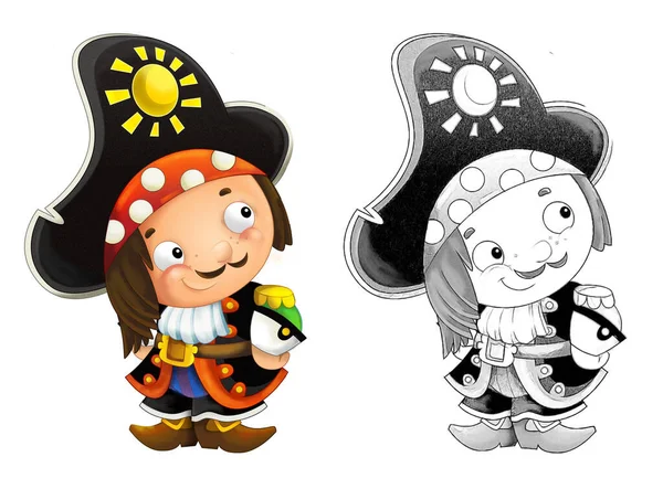 Tecknad Skiss Scen Med Pirat Man Kapten Vit Bakgrund Illustration — Stockfoto