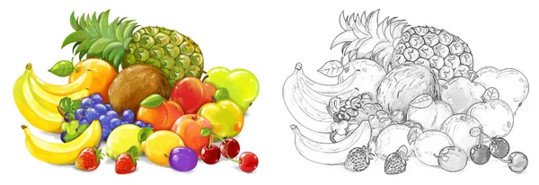 卡通果场景 有许多不同的水果作为餐点 背景是白色的 儿童图解 — 图库照片
