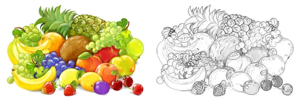 Cartoon Fruit Scene Met Veel Verschillende Vruchten Als Een Maaltijd — Stockfoto