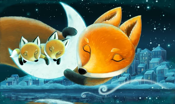Cena Dos Desenhos Animados Com Animais Família Raposas Floresta Dormindo — Fotografia de Stock