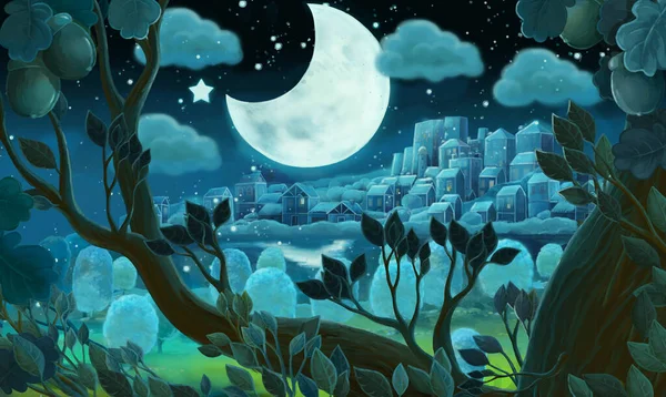 Escena Dibujos Animados Con Bosque Por Noche Ilustración Para Niños —  Fotos de Stock