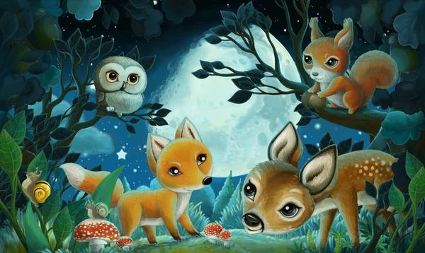 Zeichentrickszene Mit Waldtieren Bei Nacht Eichhörnchen Fuchs Eule Hirsch Illustration — Stockfoto