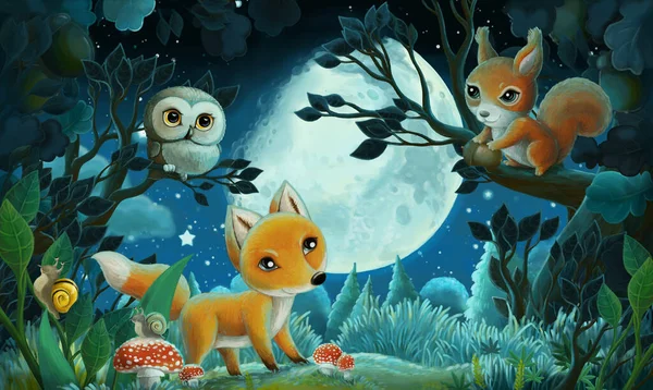 Σκηνή Κινουμένων Σχεδίων Ζώα Του Δάσους Από Νύχτα Σκίουρος Αλεπού — Φωτογραφία Αρχείου