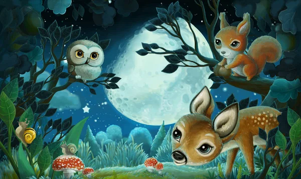 Cartoon Scene Forest Animals Night Squirrel Fox Owl Deer Illustration — Stock Photo, Image