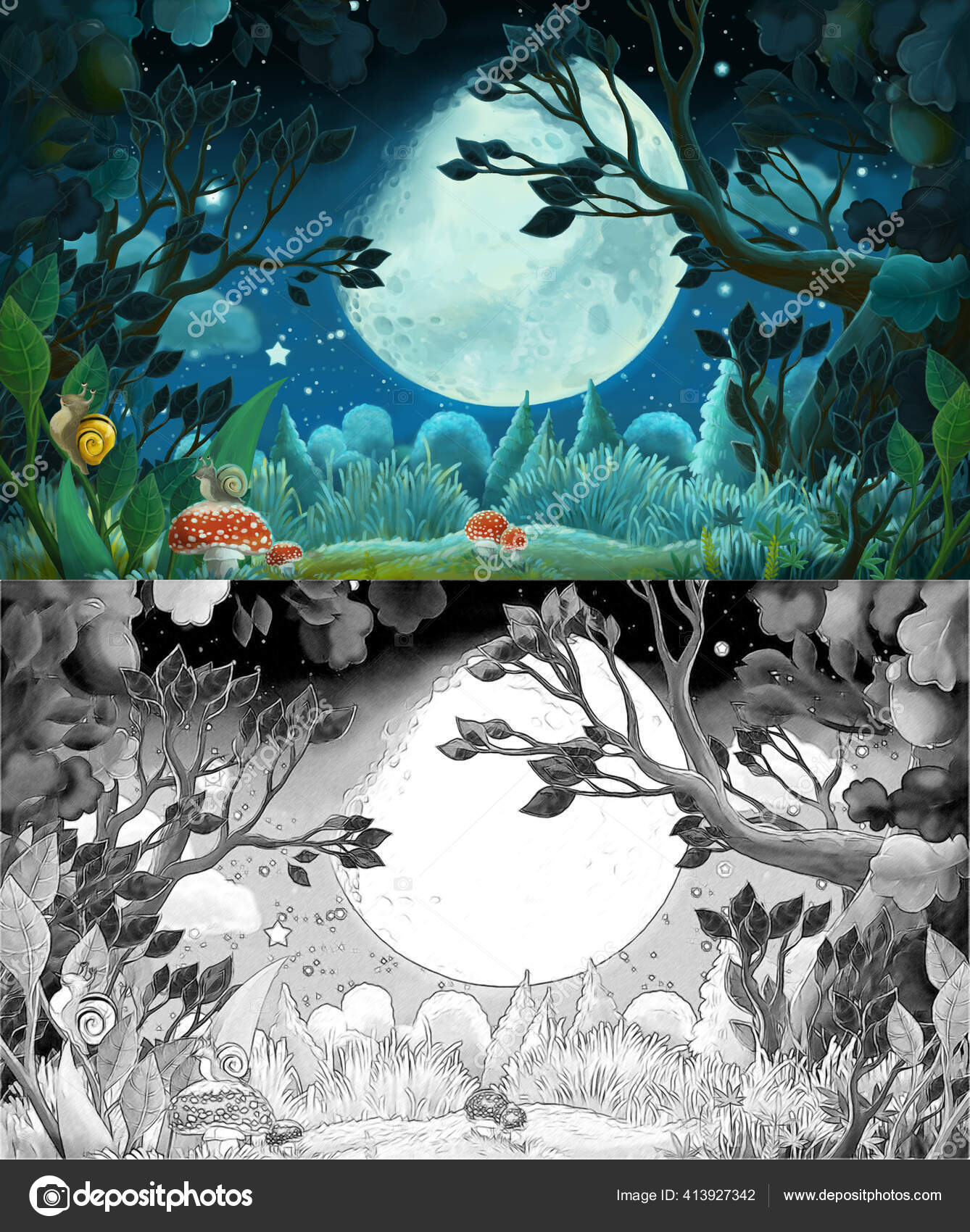 Cartoon sketch scene with forest by night - illustration for kids, Art  Print | Barewalls Posters & Prints | bwc85603443