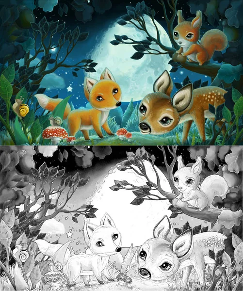 夜の森の動物と漫画のスケッチシーンリスのキツネのフクロウ鹿 子供のためのイラスト — ストック写真