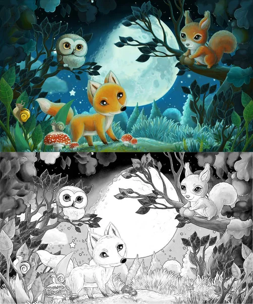 Szkic Rysunkowy Zwierzętami Leśnymi Nocą Sowa Lisia Wiewiórka Ilustracja Dla — Zdjęcie stockowe