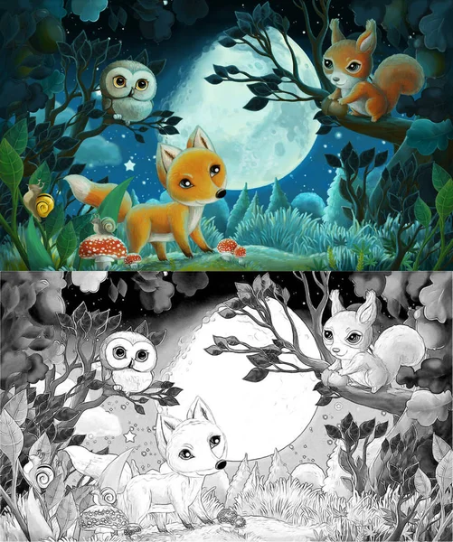 cartoon sketch scene with forest animals by night squirrel fox owl deer - illustration for children