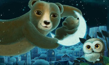 Aile ayılarının çocuklar için gece çizimleriyle uyuduğu karikatür.