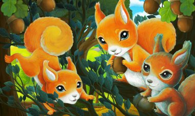 Şehrin dışındaki parkta çocuklar için ağaçta sincap resmi olan bir karikatür.