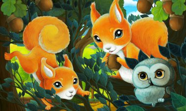 Şehrin dışındaki parkta çocuklar için ağaçta sincap resmi olan bir karikatür.