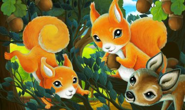 Şehrin dışındaki parkta çocuklar için ağaçta sincap resmi olan bir karikatür.