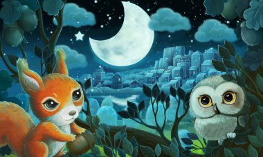 Geceleri ormanın içinde baykuşlu karikatür resmi - çocuklar için çizim