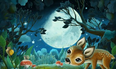 Geceleri ormanlı karikatür resmi - çocuklar için illüstrasyon