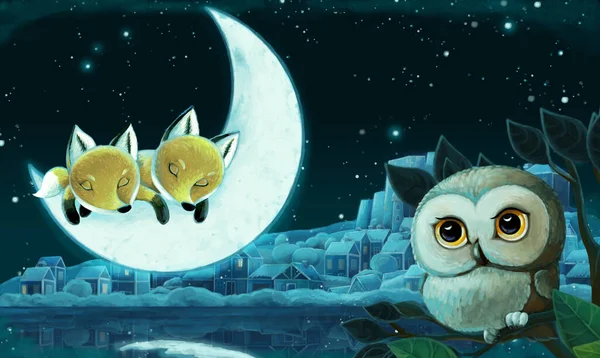 Cartoon Image Animals Family Foxes Forest Sleeping Night Illustration Children — Stock Photo, Image