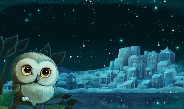 cartoon image with city by the lake in the night - illustration for children