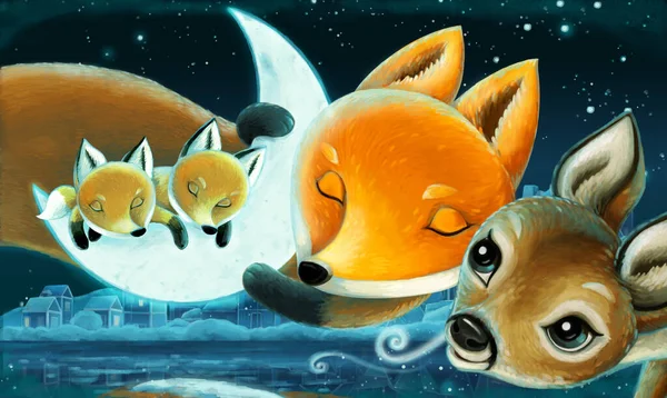 夜になると森の中で狐の家族が寝ている姿を描いた漫画です — ストック写真