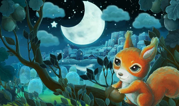 Imagen Dibujos Animados Con Bosque Por Noche Ilustración Para Niños —  Fotos de Stock