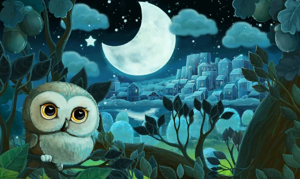 Dessin Animé Avec Forêt Nuit Illustration Pour Enfants — Photo