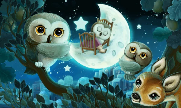 Imagen Dibujos Animados Con Búho Bosque Por Noche Ilustración Para —  Fotos de Stock