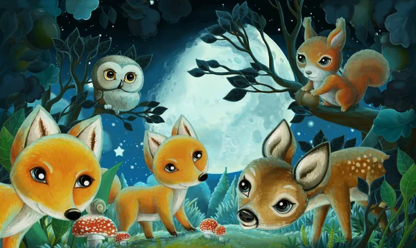 夜の森の動物との漫画の画像リスキツネのフクロウ鹿 子供のためのイラスト — ストック写真