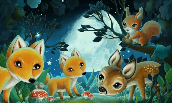 Imagen Dibujos Animados Con Animales Del Bosque Por Noche Zorro — Foto de Stock