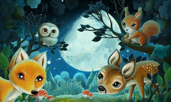 卡通人物 森林动物 夜间松鼠 猫头鹰 儿童图解 — 图库照片