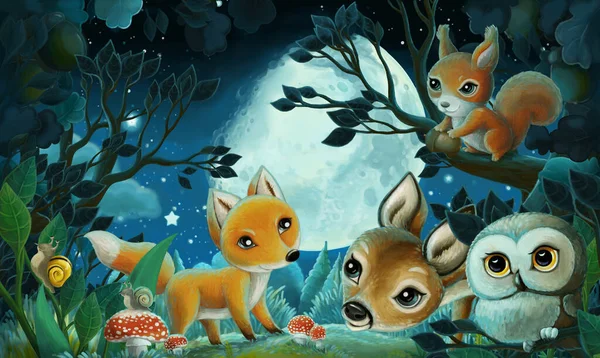 Cartoon Image Forest Animals Night Squirrel Fox Owl Deer Illustration — Stock Photo, Image