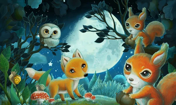 Cartoon Image Forest Animals Night Squirrel Fox Owl Deer Illustration — Stock Photo, Image