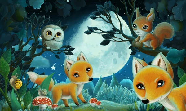 Imagem Dos Desenhos Animados Com Animais Floresta Por Noite Esquilo — Fotografia de Stock