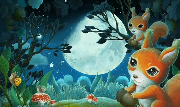 cartoon image with forest animals by night squirrel fox owl deer - illustration for children