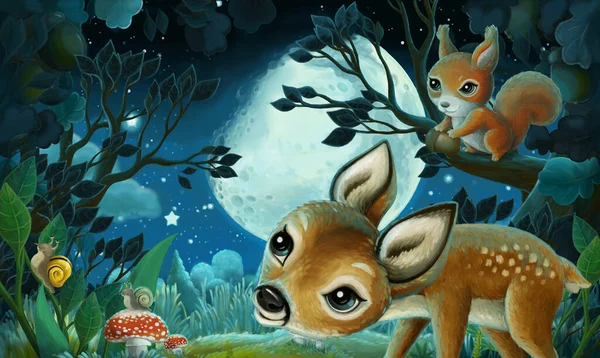 cartoon image with forest animals by night squirrel fox owl deer - illustration for children