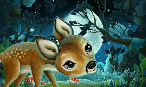 Desenho Animado Imagem Com Floresta Noite Ilustração Para Crianças — Fotografia de Stock