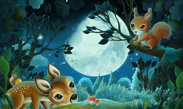 Cartoon Image Forest Animals Night Squirrel Fox Owl Deer Illustration — Stock Photo, Image