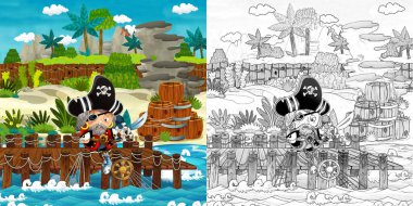 Çizgi film sahnesinde sahile geleneksel ahşap fıçılar ve top gülleleri bir tropikal adada ve bir korsan kaptan - çocuklar için illüstrasyon