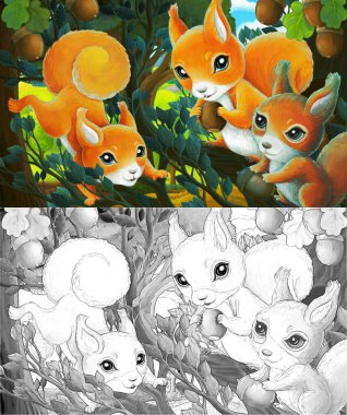 Şehrin dışındaki parkta çocuklar için ağaçta sincap resmi olan bir karikatür sahnesi.