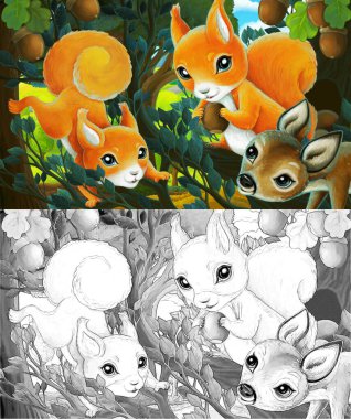 Şehrin dışındaki parkta çocuklar için ağaçta sincap resmi olan bir karikatür sahnesi.