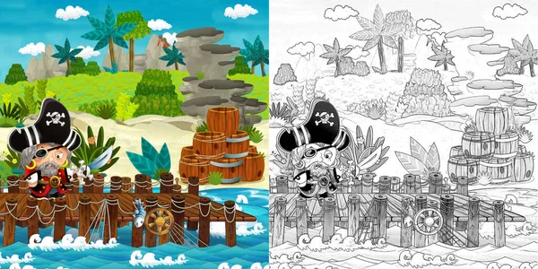 cartoon scene with beach shore with wooden traditional barrels and cannon balls on some tropical island and pirate captain - illustration for children