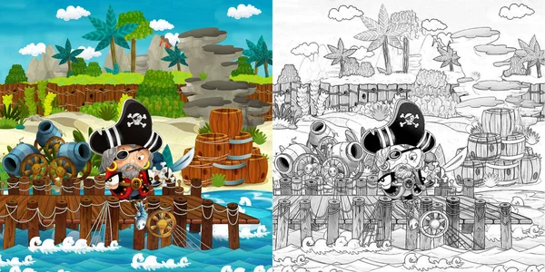 cartoon scene with beach shore with wooden traditional barrels and cannon balls on some tropical island and pirate captain - illustration for children