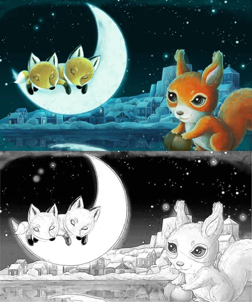 Desenho Animado Cena Com Animais Família Raposas Floresta Dormindo Noite — Fotografia de Stock