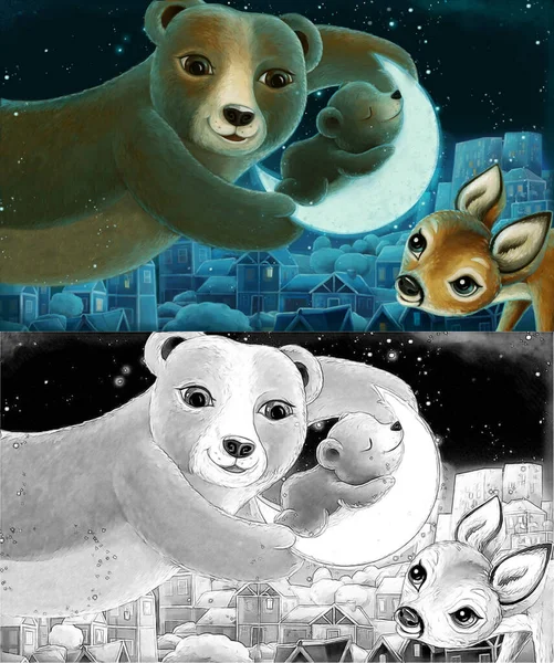 Szkic Kreskówki Scena Zwierzętami Rodzina Niedźwiedzie Śpi Nocy Ilustracja Dla — Zdjęcie stockowe